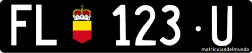 Matrícula de coche negra de concesionario Liechstenstein con números blancos y U