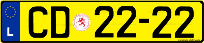 Example of a yellow Luxembourg diplomatic license plate with CD letters and new coat of arms