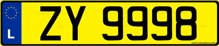 Example of a yellow Luxembourg license plate with letters ZY9998