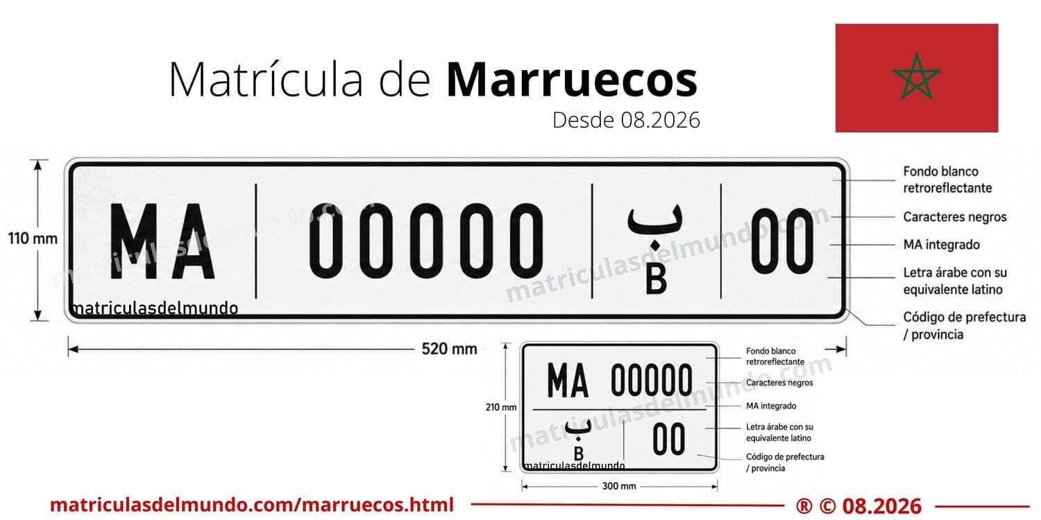Nuevo diseño de matrícula de Marruecos desde 2026 con código MA, fondo blanco retroreflectante y letra árabe con equivalente latino