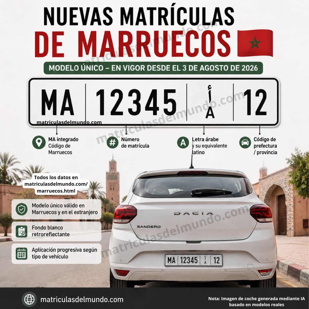 Nueva matrícula internacional de Marruecos 2026 con código MA, número de cinco cifras y letra árabe con equivalente latino