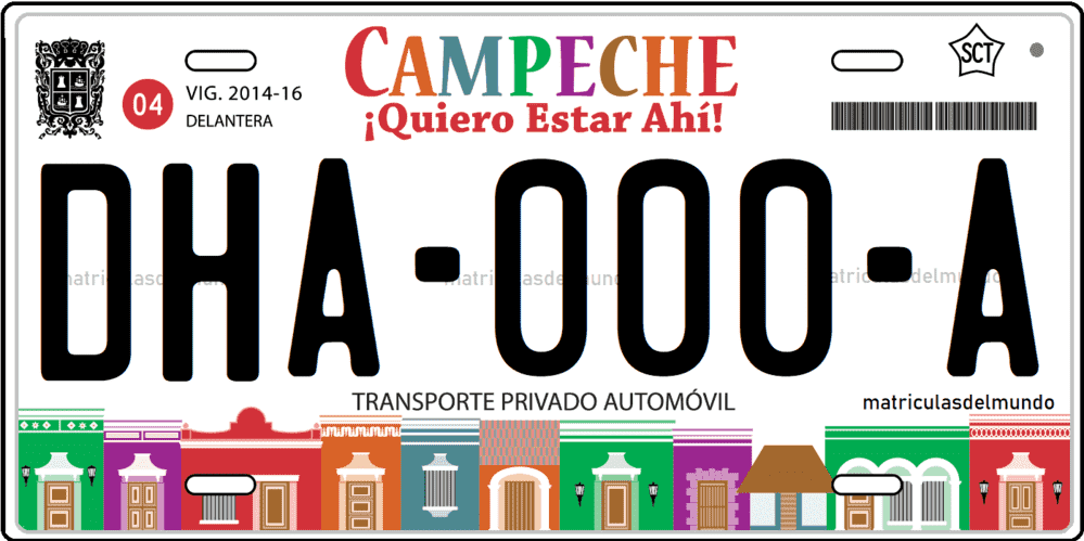 Placa de matrícula de Campeche antigua de ejemplo con casas quiero estar ahi