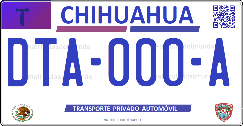 Placa de matrícula de Chihuahua de ejemplo de coche azul y violeta