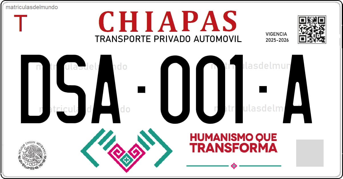Placa vehicular de Chiapas México con diseño Humanismo que Transforma para transporte privado automóvil