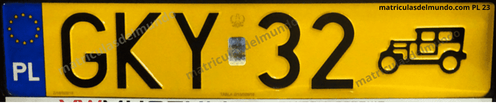 Matrícula de vehículo histórico de Polonia amarilla con letras GKY