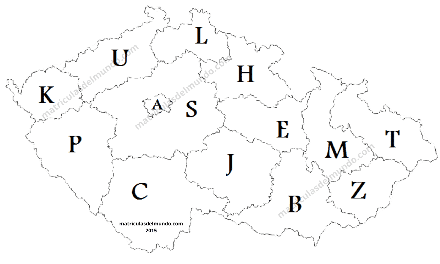 Mapa de las matrículas de coches de la República Checa actuales
