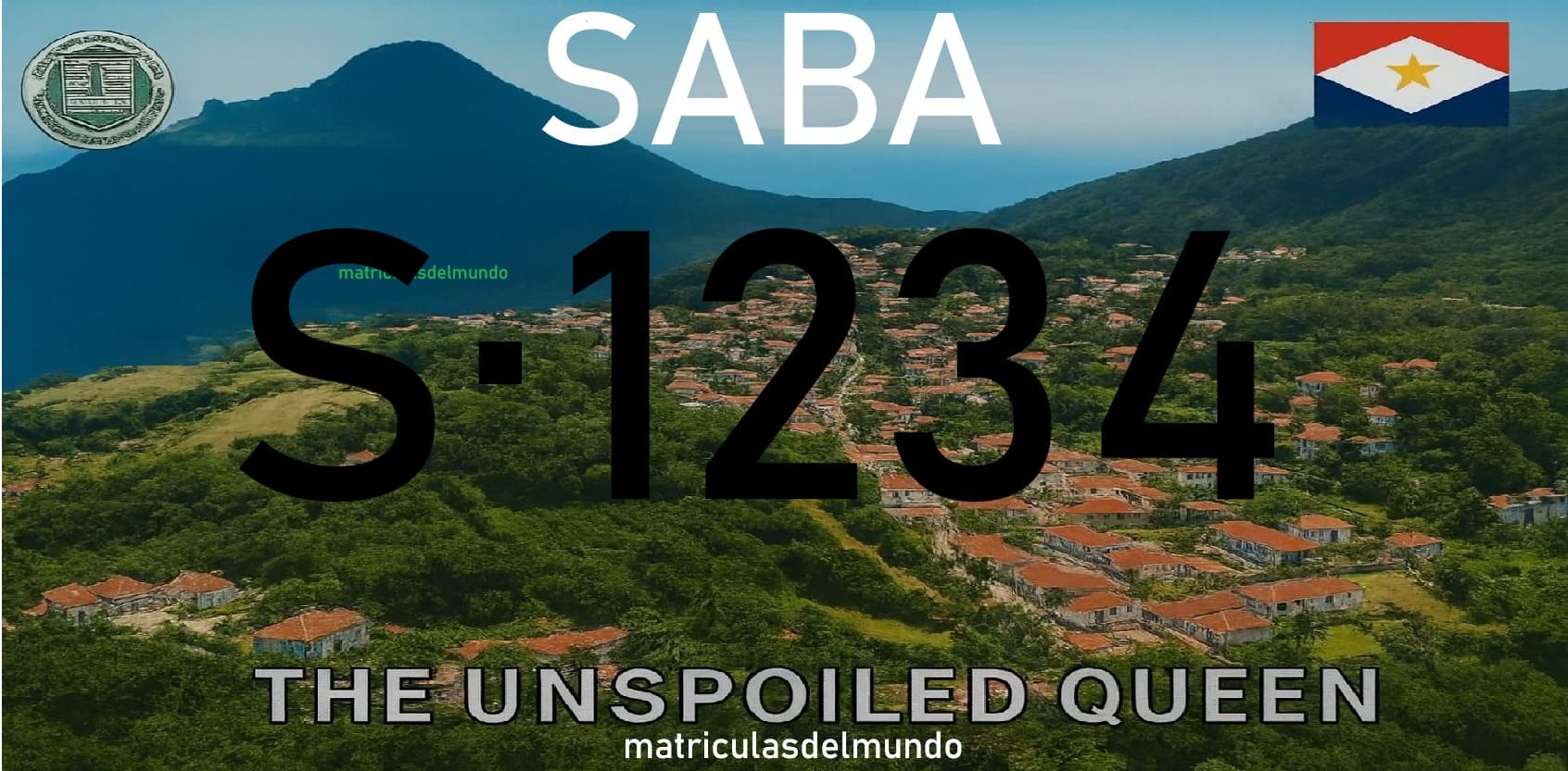 Matrícula de Saba actual con fotografía de la isla de fondo