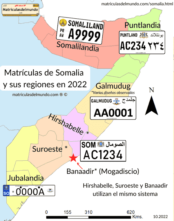 Mapa de las matrículas utilizadas en Somalia actualmente, Somalilandia, Puntland