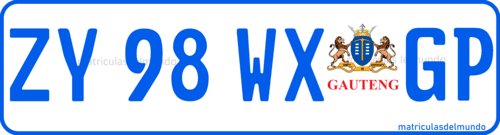 matrícula de coche de Gauteng con letras azules y escudo ZY98WXGP