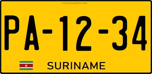 Current Suriname car license plate with yellow background and national flag Current Suriname car license plate with yellow background and national flag
