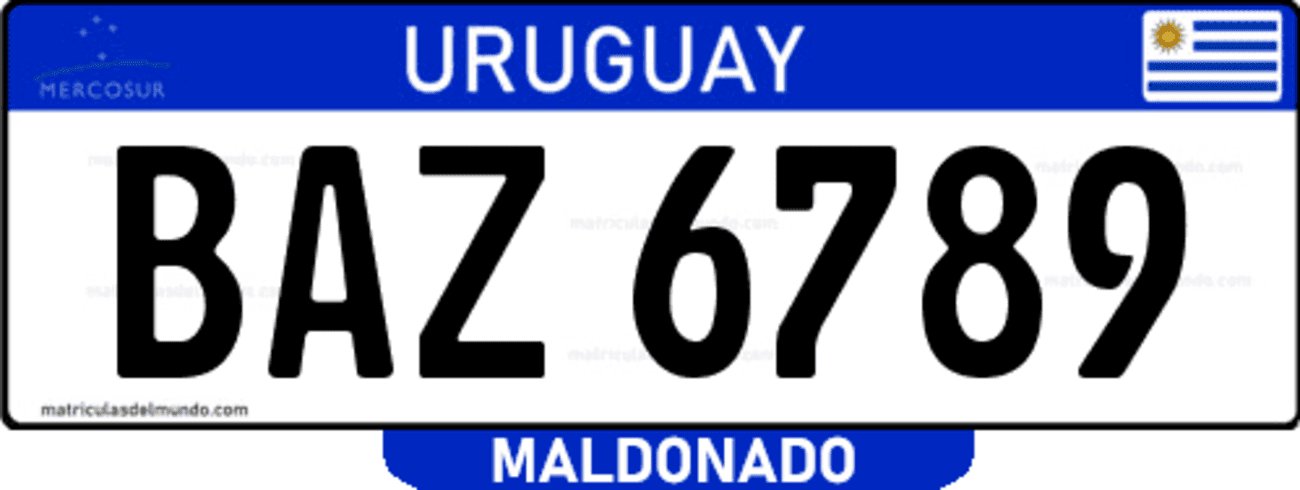 Patente vehicular Maldonado de Uruguay con nombre abajo