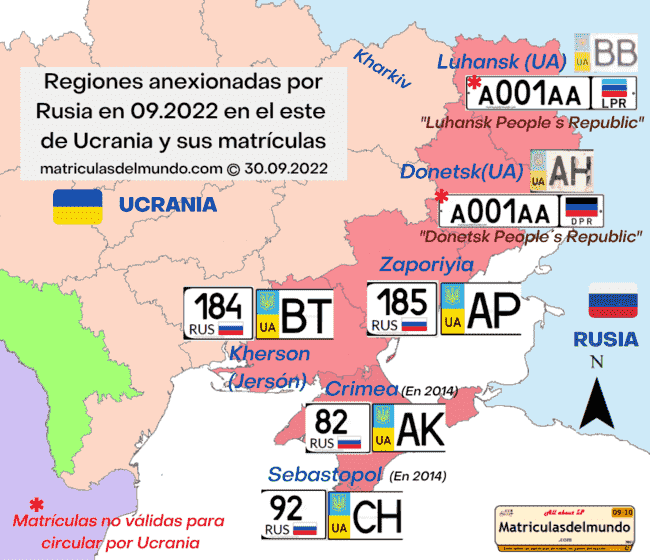 Mapa de las matrículas utilizadas en los territorios anexionados por Rusia en septiembre de 2022