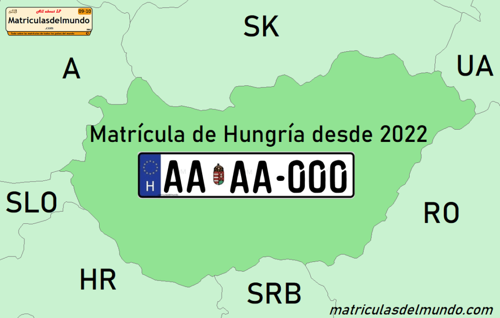 Mapa de Hungría con las nuevas matrículas húngaras desde 2022 con el escudo
