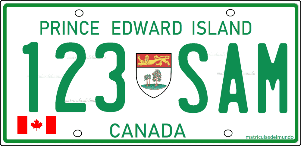 Matrícula de coche actual de Isla del Príncipe Eduardo con la bandera y el escudo