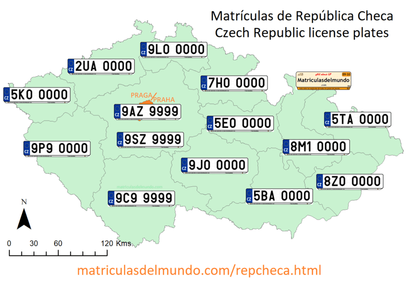 Mapa de las regiones de la República Checa y ejemplos de matrículas en cada uno de ellos antes de 9AZ9999