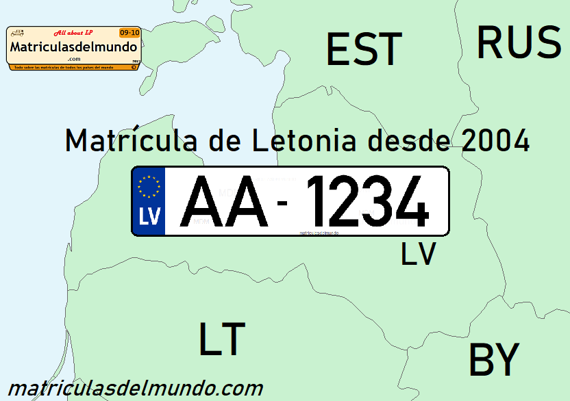 Mapa con matrícula de coche de Letonia actual de ejemplo en el centro