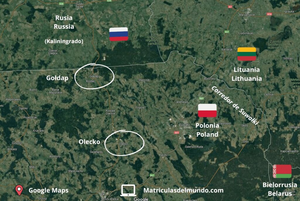 Mapa del noreste de Polonia y la ubicación de Goldap, Olecko y el corredor de Suwalki