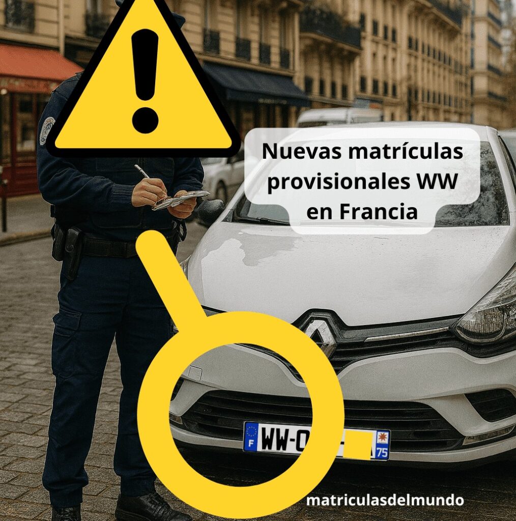 Policía poniendo multa a coche con matrícula provisional francesa