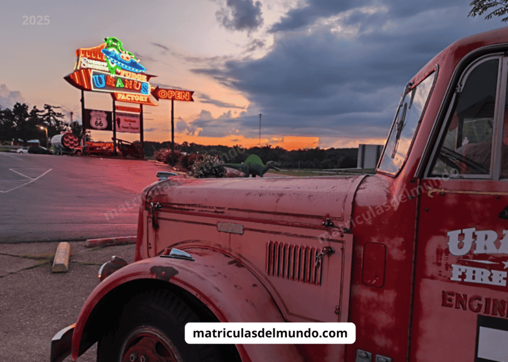 Camión rojo en un icónico paraje de la ruta 66
