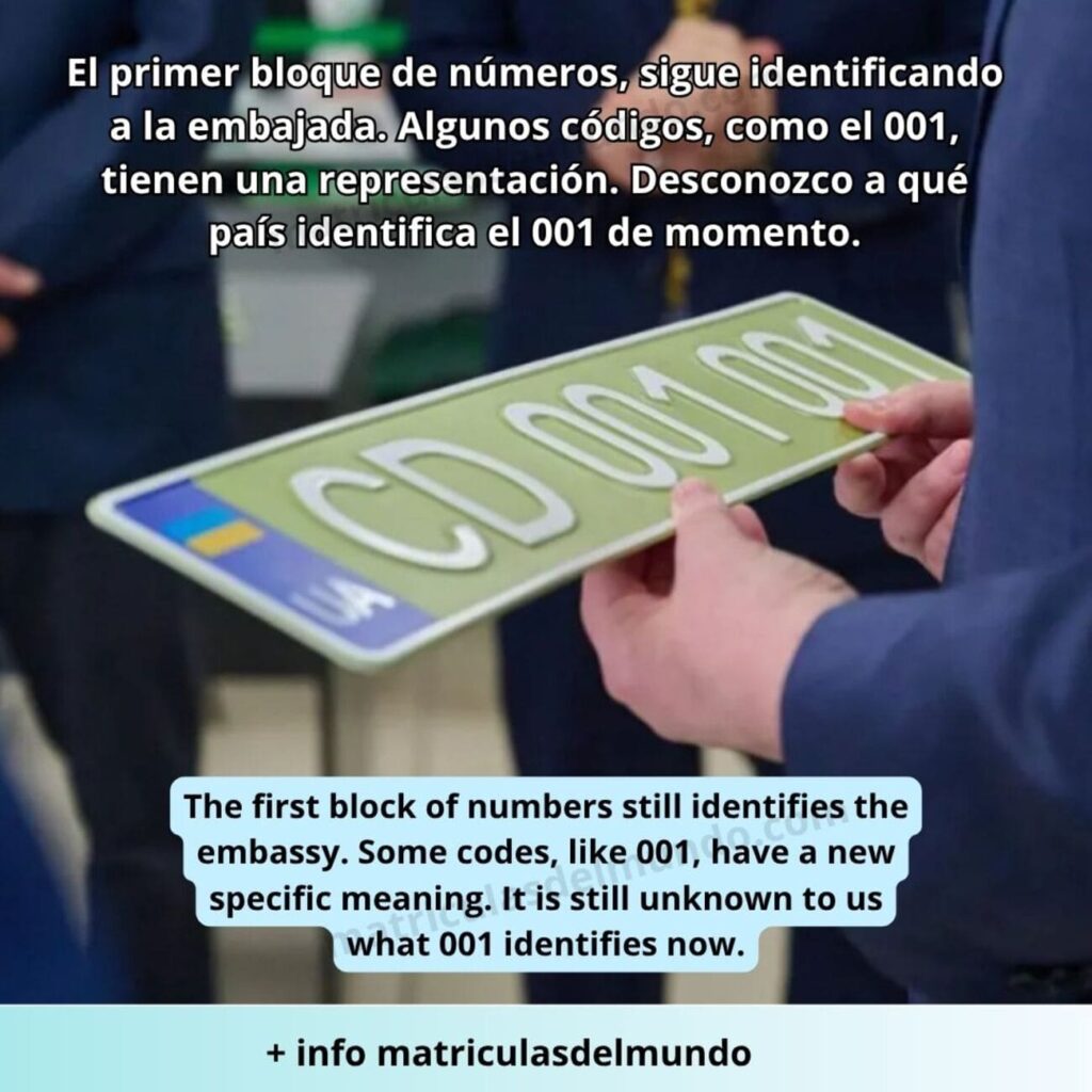 Imagen de las primeras matrículas del cuerpo diplomático de Ucrania con fondo color verde oliva