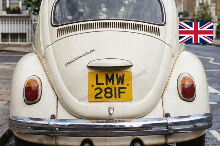 Parte trasera del Volkswagen Beetle blanco con la famosa matrícula LMW 281F de la portada de Abbey Road de The Beatles.